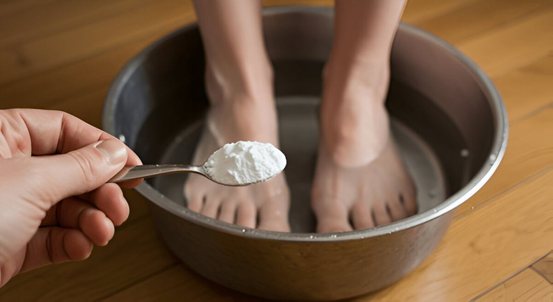 Feet soaking in warm baking-soda water