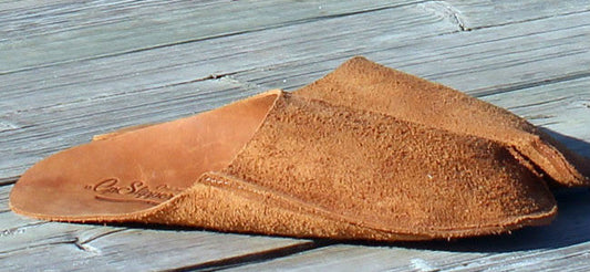 Leather house slippers on wooden floo