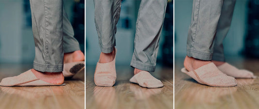 Barefoot leather slippers by CP Slippers showing the comfort and natural movement of wearing house slippers indoors